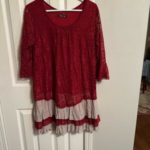 Red Lace Dress with Beige Accents